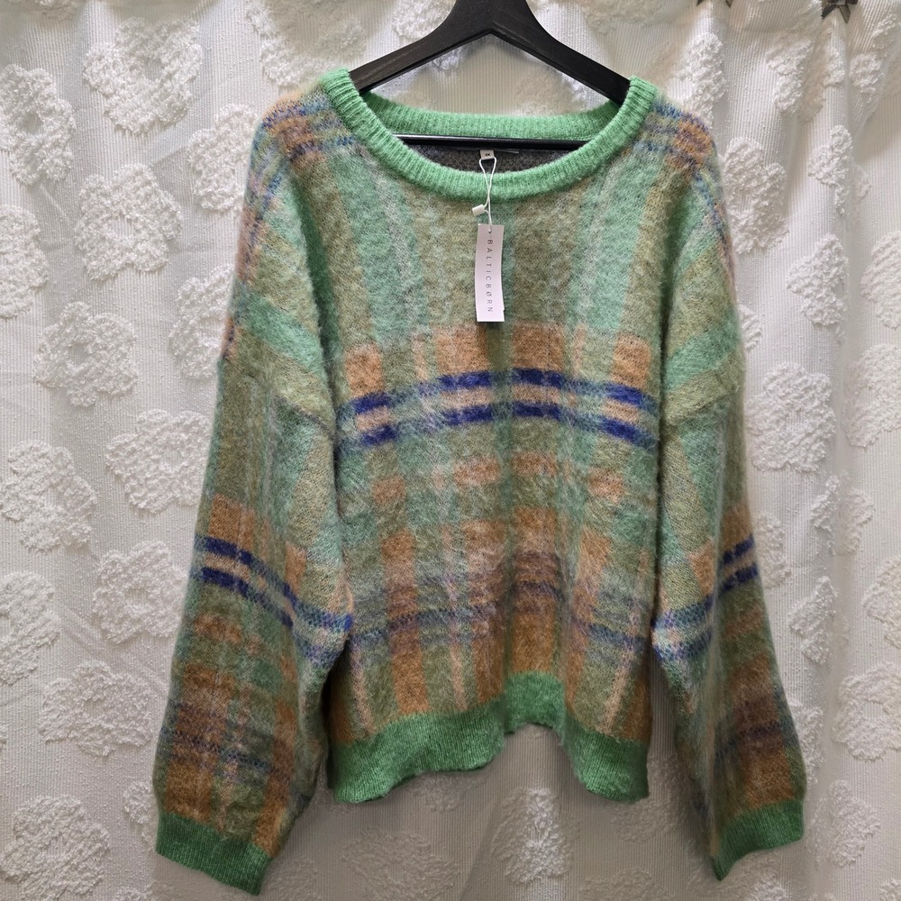 NWT Baltic Born Brentridge Plaid Sweater Green Multi Crew Neck Fuzzy Plus 1X